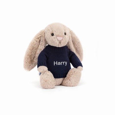 Jellycat Bashful Beige Bunny with Navy Jumper USA | 15920CBRI